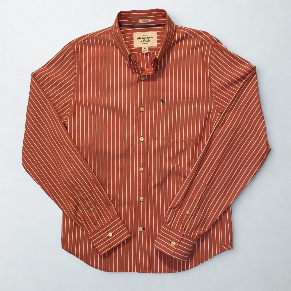 Abercrombie & Fitch Shirt Mens L Salmon Muscle Casual Button Striped Long Sleeve